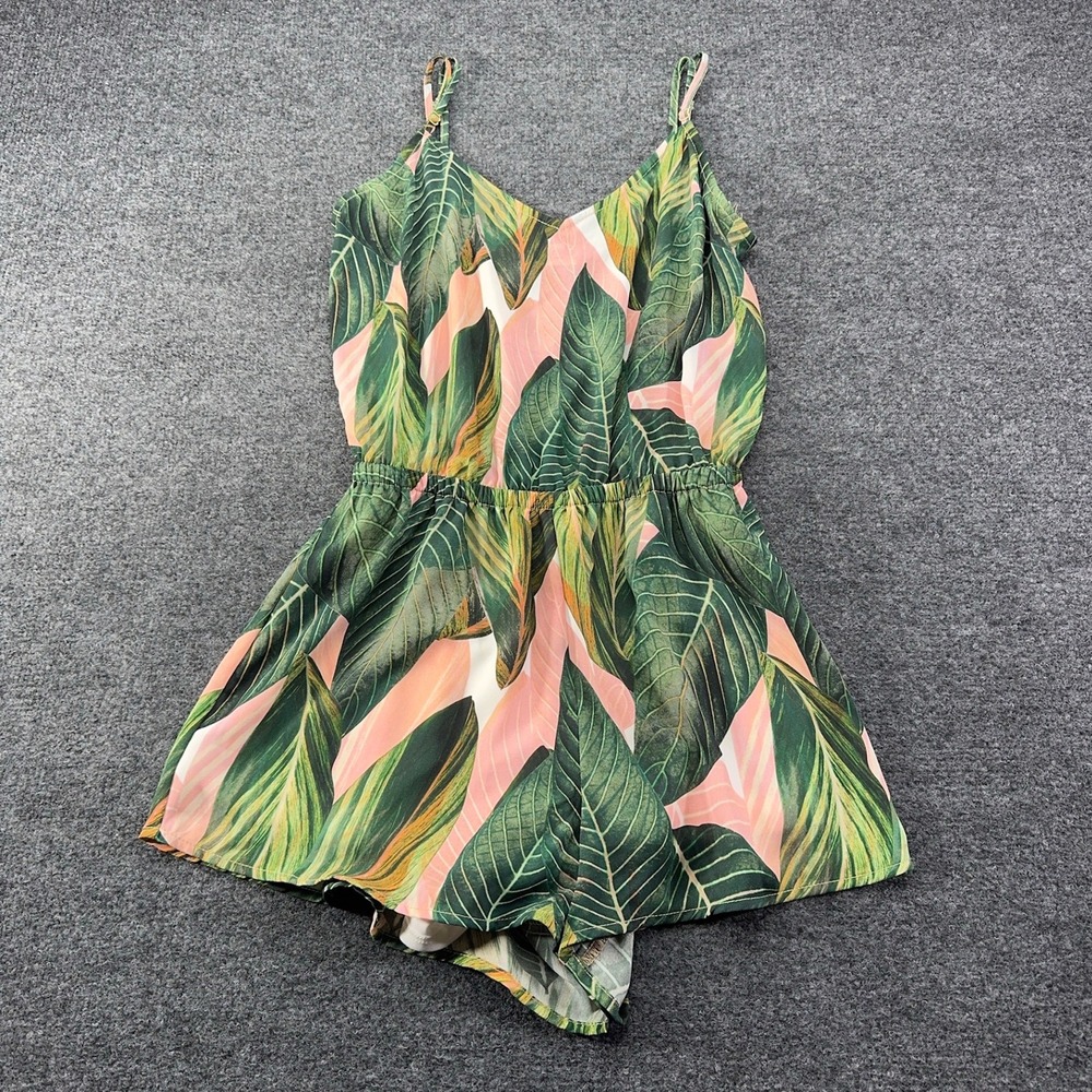 Show Me Your Mumu Tropical Palm Leaf Romper Green Pink Small Summer Vacation